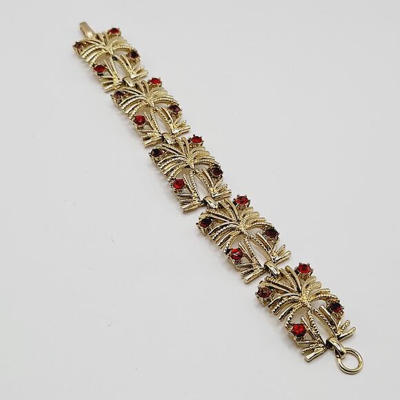 Vintage Coro Gold Tone Link Bracelet Red Purple Rhinestones 7 Inch Holiday - Picture 6 of 9